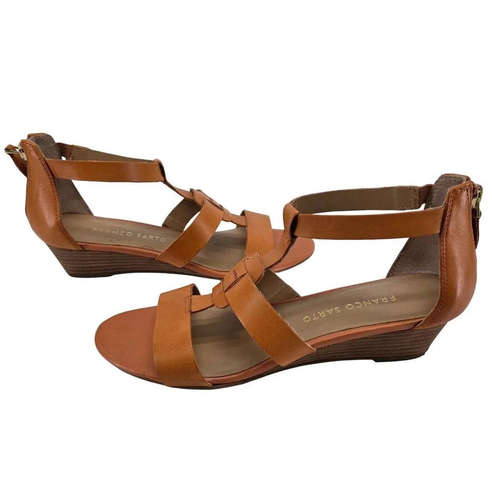 Franco Sarto Wedge Sandals Utility 7 M Cognac Tan Leather Low Heel Shoes Boho